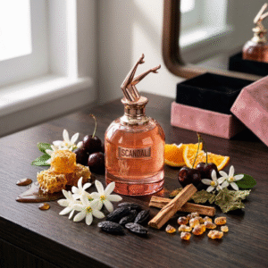 Jean Paul Gaultier Scandal By Night bottle and ingredients- vanilla, honey, pear, orange, cherry
