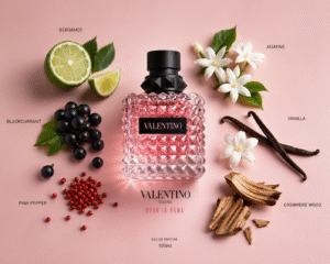 продуктова снимка на парфюмна бутилка Valentino Donna Born In Roma за жени с жасмин, ванилови пръчки, розов пипер, бергамот и касис върху чиста повърхност