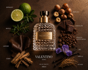 продуктова фотография на парфюмна бутилка Valentino Uomo Valentino с бергамот, лешник, кафе шоколад, ирис, кожа, кедър върху чиста модерна повърхност