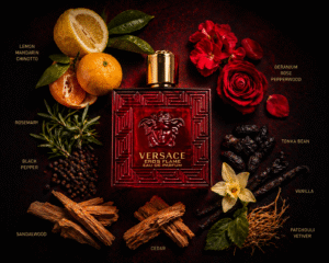 продуктова снимка на парфюмна бутилка Versace Eros Flame 100ml за мъже с мандарина, мадагаскарски пипер, лимон, чиното и розмарин здравец, роза и пипер, ванилия, тонка боб, сандалово дърво, тексаски кедър, пачули върху чиста повърхност