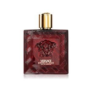 Versace Eros Flame - оригинален мъжки парфюм с червена бутилка с изображението на Медуза в средата и златиста капачка